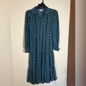 Max Studio Teal Printed Long-Sleeve Tiered Maxi Dress